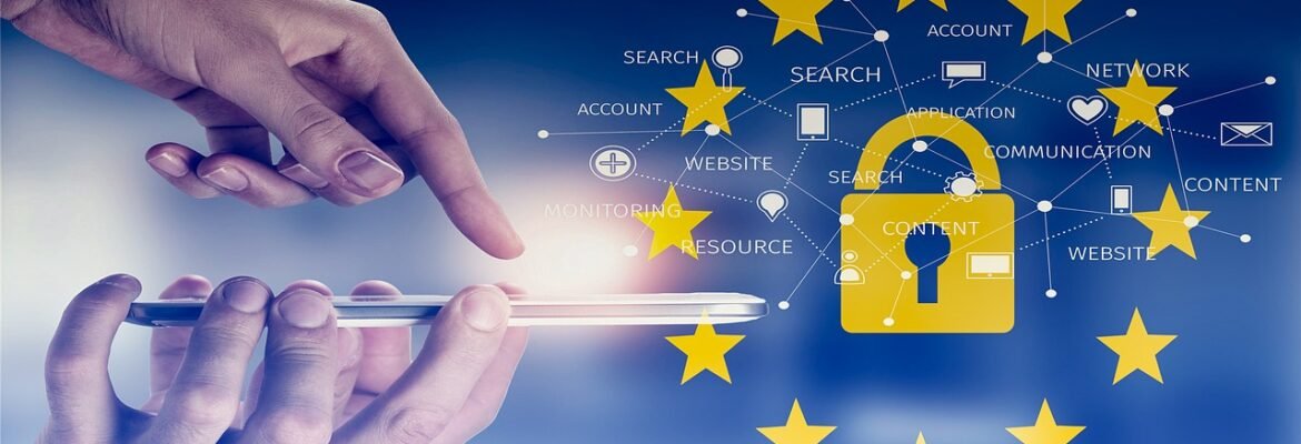 Ilustración sobre la protección de datos en la Unión Europea, con un candado y estrellas representando el RGPD.